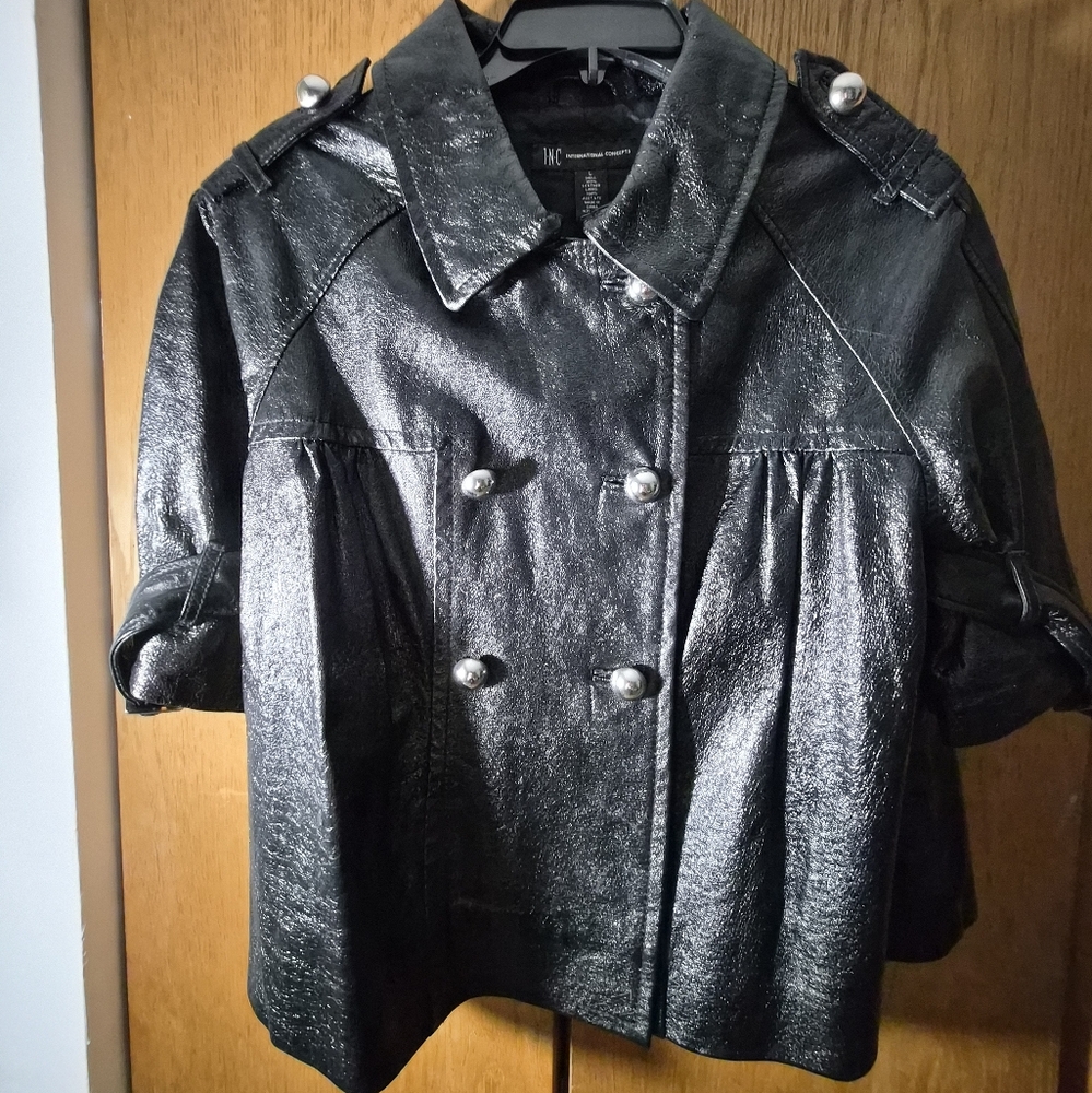 I.N.C. Black Patent Leather Double-Breasted Women's Jacket Size L, 3/4 Sleeves